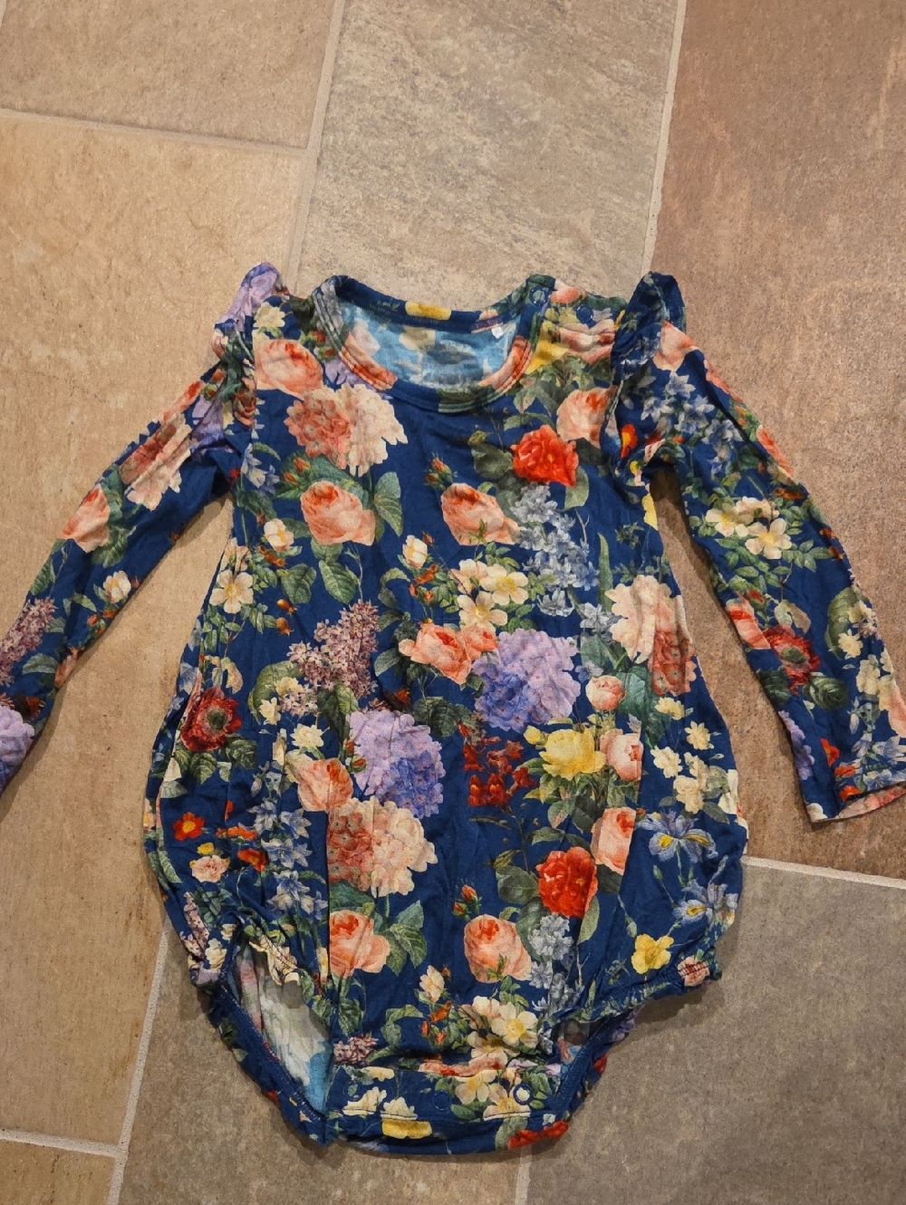 Posh Peanut Navy Floral Bubble Onesie with Long Sleeves